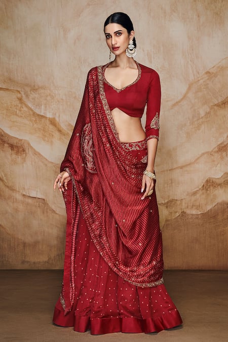 Label Varsha_Red Viscose, Linen, Satin Zari, Embroidery, Beads Bandhani Print And Lehenga Set_Online_at_Aza_Fashions