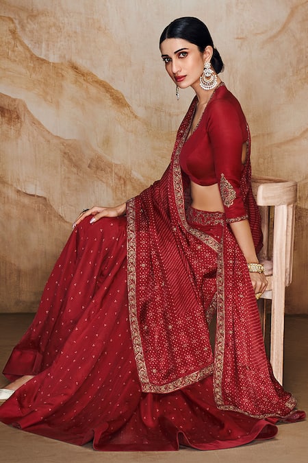 Buy_Label Varsha_Red Viscose, Linen, Satin Zari, Embroidery, Beads Bandhani Print And Lehenga Set_Online_at_Aza_Fashions
