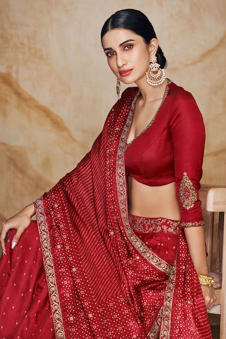 Shop_Label Varsha_Red Viscose, Linen, Satin Zari, Embroidery, Beads Bandhani Print And Lehenga Set_Online_at_Aza_Fashions