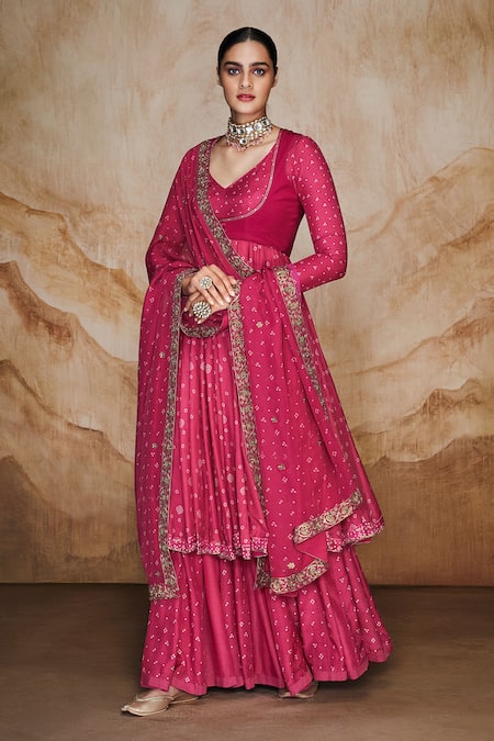 Label Varsha Pink Cotton, Silk, Viscose, Organza Bandhani Print Anarkali Sharara Set