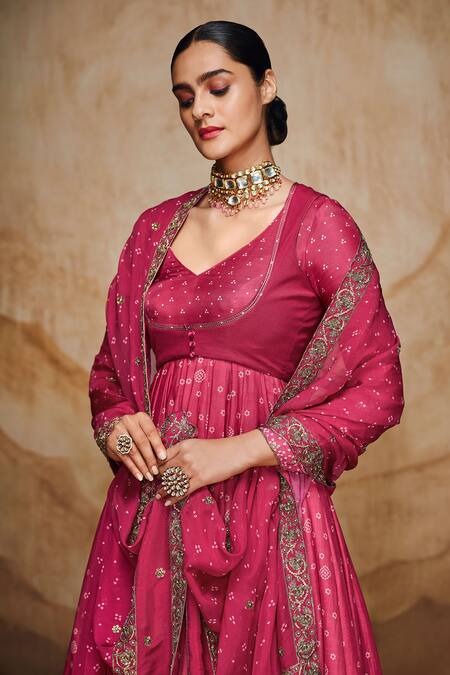 Label Varsha_Pink Cotton, Silk, Viscose, Organza Bandhani Print Anarkali Sharara Set_Online_at_Aza_Fashions