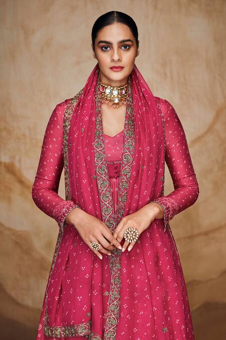 Buy_Label Varsha_Pink Cotton, Silk, Viscose, Organza Bandhani Print Anarkali Sharara Set_Online_at_Aza_Fashions