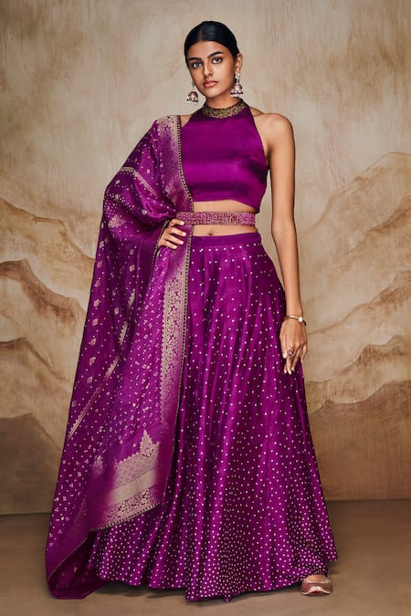 Label Varsha Purple Viscose Linen Satin Hand Bandhani Print Lehenga Set With Woven Dupatta 