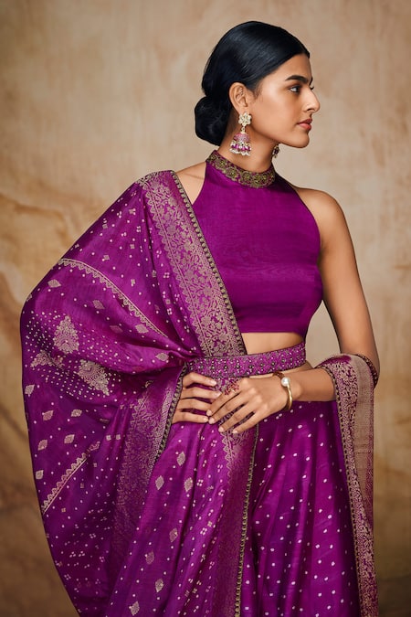 Label Varsha_Purple Viscose, Linen, Satin Bandhani Print Lehenga Set With Woven Dupatta_Online_at_Aza_Fashions