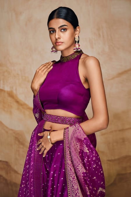 Buy_Label Varsha_Purple Viscose, Linen, Satin Bandhani Print Lehenga Set With Woven Dupatta_Online_at_Aza_Fashions