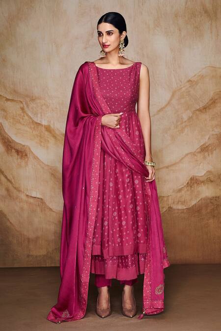 Label Varsha Pink Cotton, Silk, Viscose, Gingham Sequins, Bandhani Print Layered Anarkali Set