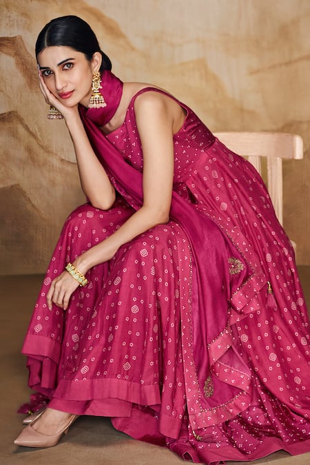 Label Varsha_Pink Cotton, Silk, Viscose, Gingham Sequins, Bandhani Print Layered Anarkali Set_Online_at_Aza_Fashions