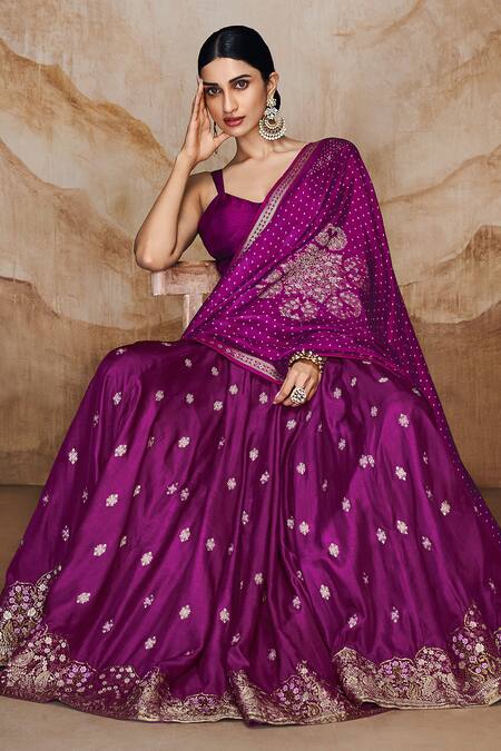 Shop Label Varsha Purple Viscose, Linen, Satin Sequins, Embroidered Lehenga Set With Woven Dupatta at Aza Fashions Shop_Label Varsha_Purple Viscose, Linen, Satin Sequins, Embroidered Lehenga Set With Woven Dupatta_at_Aza_Fashions