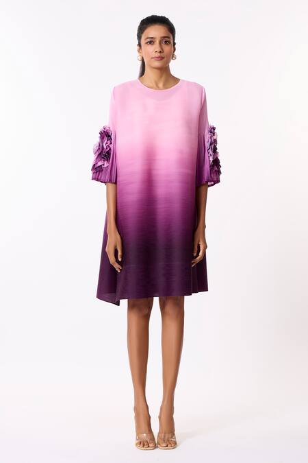 Scarlet Sage_Purple Polyester Ruffles Round Neck Soliel Bishop Sleeve Pleated A-line Dress_Online_at_Aza_Fashions