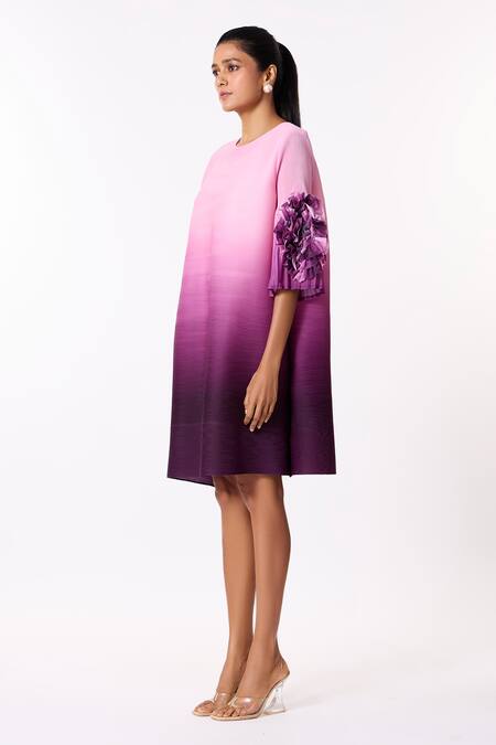 Buy_Scarlet Sage_Purple Polyester Ruffles Round Neck Soliel Bishop Sleeve Pleated A-line Dress_Online_at_Aza_Fashions