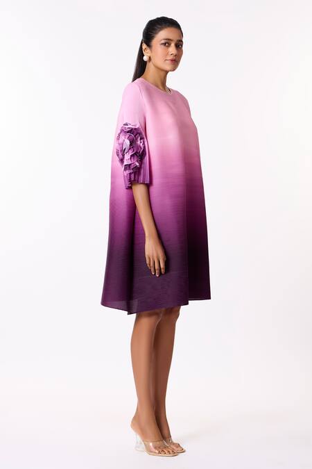 Shop_Scarlet Sage_Purple Polyester Ruffles Round Neck Soliel Bishop Sleeve Pleated A-line Dress_Online_at_Aza_Fashions