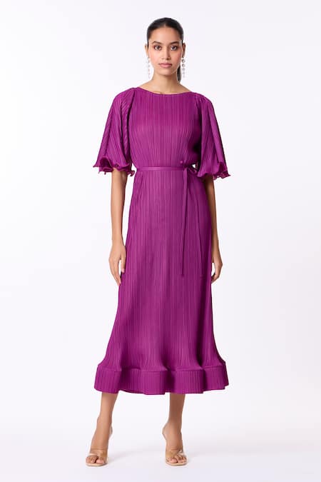 Scarlet Sage Purple Round Celestine Pleated Midi Flared Dress  