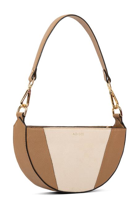 Shop_Adisee_Beige Ava Leather Semi Circular Colorblock Bag_at_Aza_Fashions