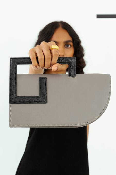 Adisee_Grey Emily Leather Structured Clutch Bag _Online_at_Aza_Fashions