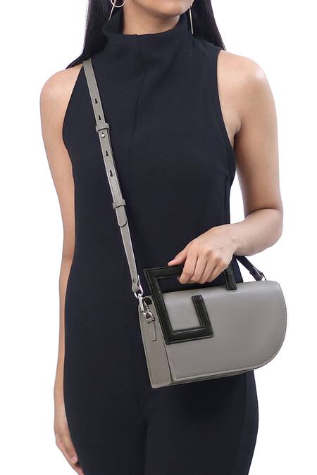 Adisee_Grey Emily Leather Structured Clutch Bag _at_Aza_Fashions