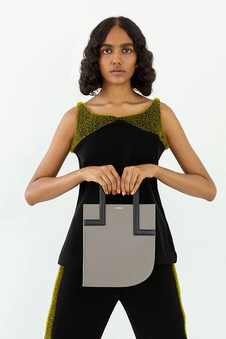 Shop_Adisee_Grey Tracy Leather Elongated Structured Bag_Online_at_Aza_Fashions