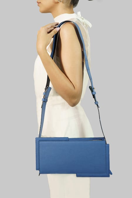 ADISEE Blue Bianca Leather Clutch With Broad Strap