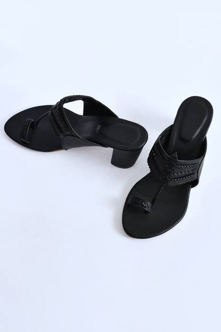 Shop_Irasoles_Black Leather Kolhapuri Block Heels_Online_at_Aza_Fashions