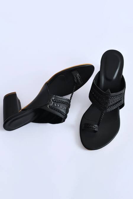 Irasoles_Black Leather Kolhapuri Block Heels_at_Aza_Fashions