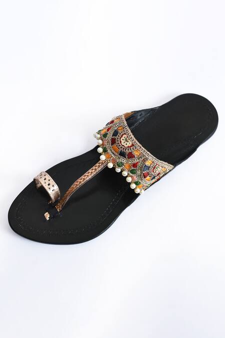 Buy_Irasoles_Black Embroidered Malaka Handcrafted Kolhapuri Flats_Online_at_Aza_Fashions