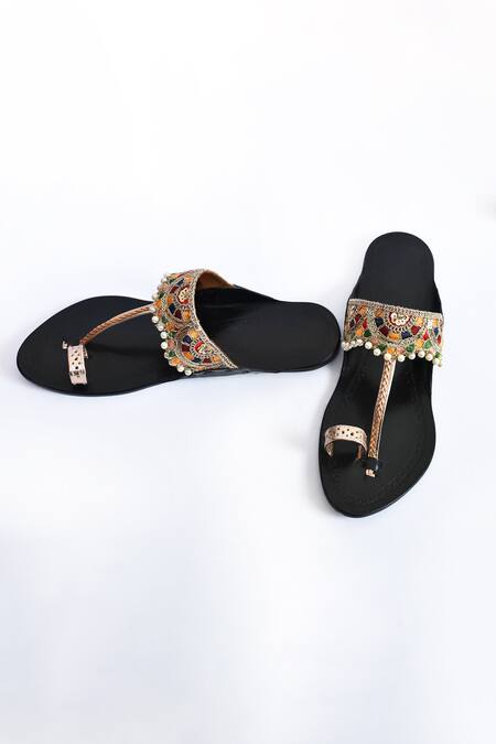 Shop_Irasoles_Black Embroidered Malaka Handcrafted Kolhapuri Flats_Online_at_Aza_Fashions