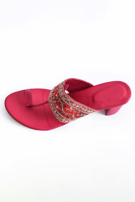 Irasoles_Pink Embroidery, Sequins Chand Bali Jalsa Kolhapuri Block Heels_Online_at_Aza_Fashions