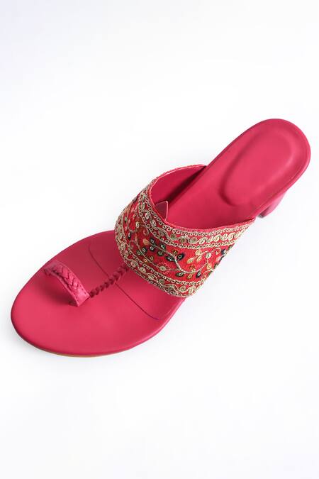 Buy_Irasoles_Pink Embroidery, Sequins Chand Bali Jalsa Kolhapuri Block Heels_Online_at_Aza_Fashions