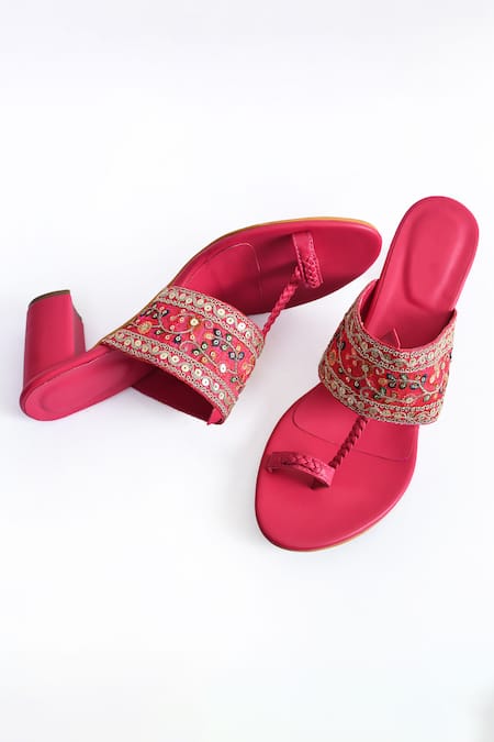 Irasoles_Pink Embroidery, Sequins Chand Bali Jalsa Kolhapuri Block Heels_at_Aza_Fashions