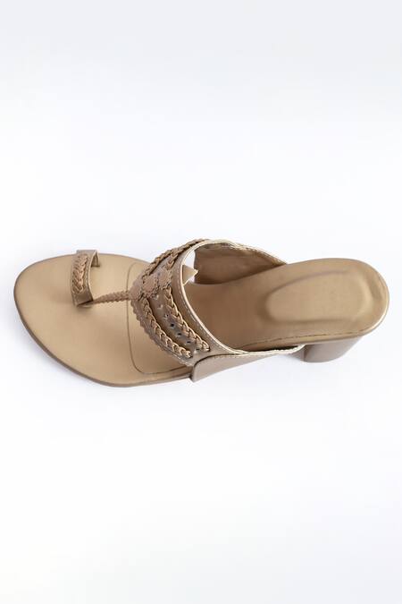 Irasoles_Gold Leather Kolhapuri Block Heels_Online_at_Aza_Fashions