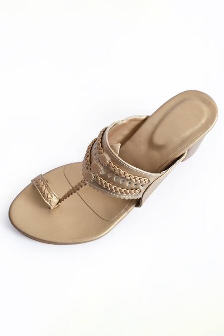 Buy_Irasoles_Gold Leather Kolhapuri Block Heels_Online_at_Aza_Fashions