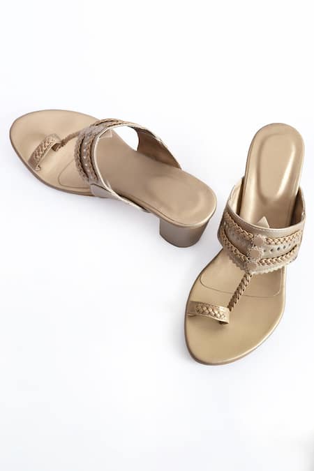 Shop_Irasoles_Gold Leather Kolhapuri Block Heels_Online_at_Aza_Fashions