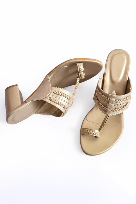 Irasoles_Gold Leather Kolhapuri Block Heels_at_Aza_Fashions