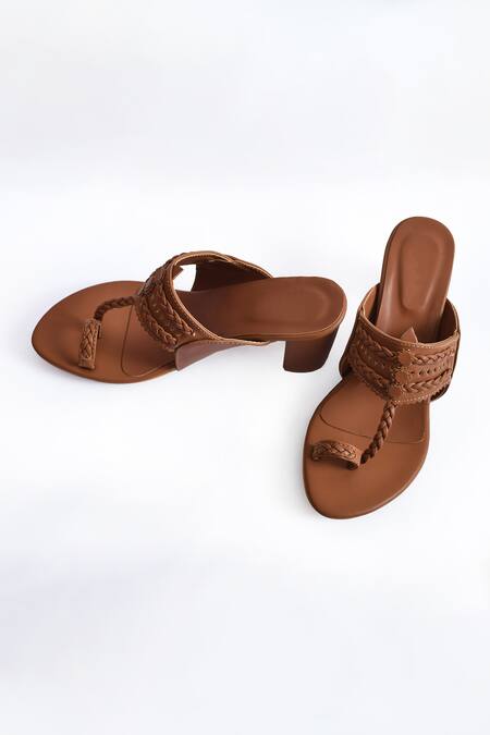 Shop_Irasoles_Brown Handcrafted Kolhapuri Block Heels_Online_at_Aza_Fashions