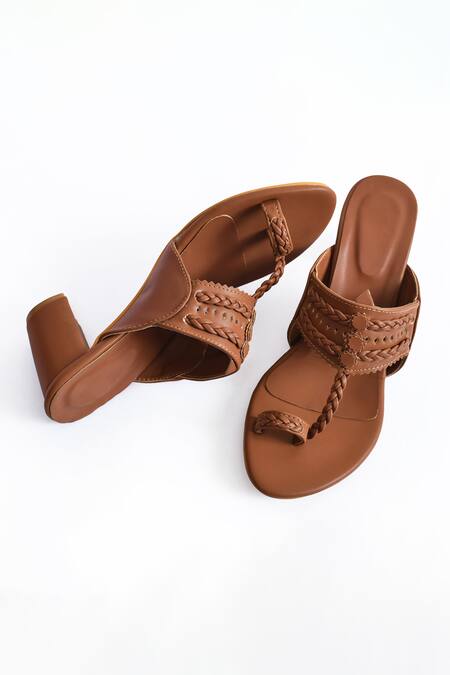 Irasoles_Brown Handcrafted Kolhapuri Block Heels_at_Aza_Fashions