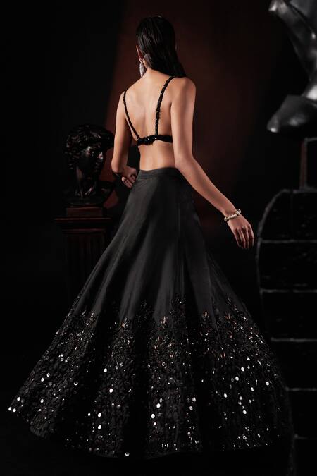 Shop Roqa Black Organza Beads Sweetheart Neck Hand Embroidered Cape Lehenga Set at Aza Fashions Shop_Roqa_Black Organza Beads Sweetheart Neck Hand Embroidered Cape Lehenga Set _at_Aza_Fashions