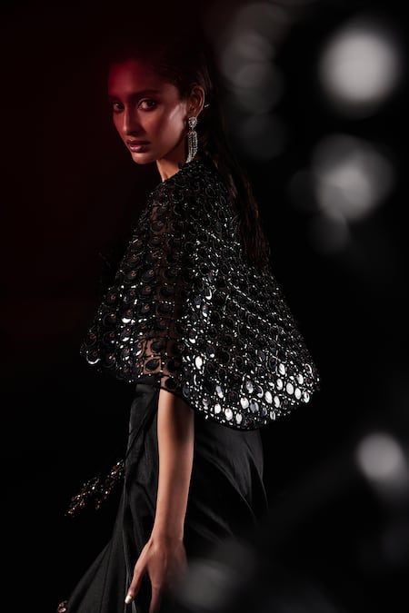 Buy Roqa Black Organza Beads Sweetheart Neck Hand Embroidered Cape Lehenga Set Online at Aza Fashions Buy_Roqa_Black Organza Beads Sweetheart Neck Hand Embroidered Cape Lehenga Set _Online_at_Aza_Fashions