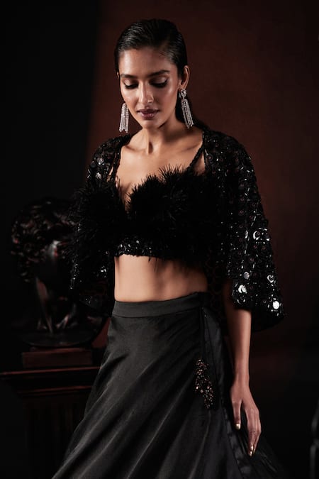 Shop Roqa Black Organza Beads Sweetheart Neck Hand Embroidered Cape Lehenga Set Online at Aza Fashions Shop_Roqa_Black Organza Beads Sweetheart Neck Hand Embroidered Cape Lehenga Set _Online_at_Aza_Fashions