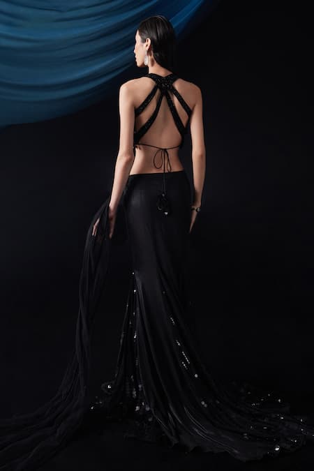 Roqa Embroidered Blouse & Pre-Stitched Skirt Saree Set 
