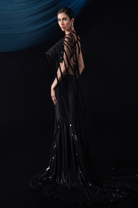 Buy_Roqa_Black Lycra Sequins, Tassels Embroidered Blouse And Pre-stitched Skirt Saree Set _Online_at_Aza_Fashions