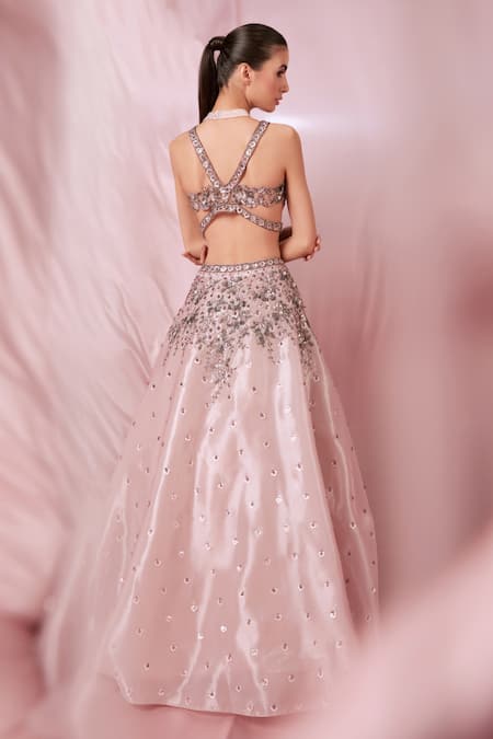 Shop_Roqa_Pink Organza Sequins V-neck Hand Embroidered Blouse Bridal Lehenga Set _at_Aza_Fashions