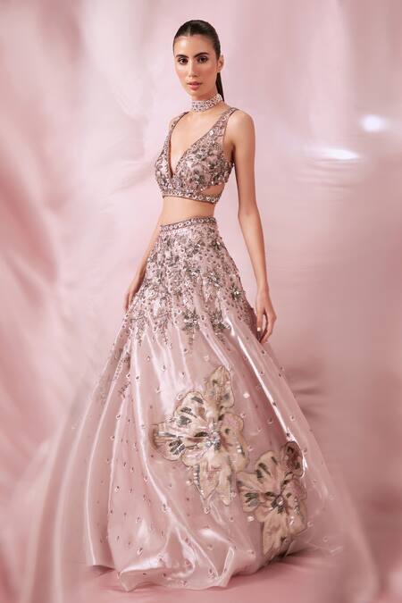Roqa_Pink Organza Sequins V-neck Hand Embroidered Blouse Bridal Lehenga Set _Online_at_Aza_Fashions