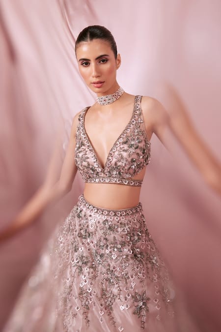 Buy_Roqa_Pink Organza Sequins V-neck Hand Embroidered Blouse Bridal Lehenga Set _Online_at_Aza_Fashions