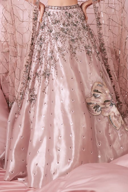 Roqa_Pink Organza Sequins V-neck Hand Embroidered Blouse Bridal Lehenga Set _at_Aza_Fashions