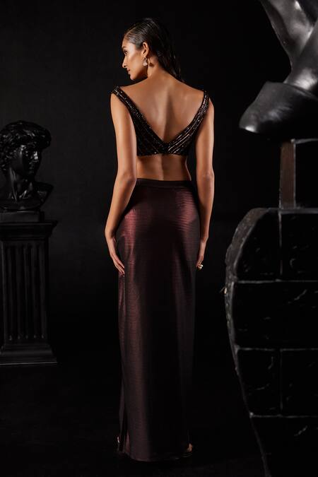 Shop Roqa Brown Lycra Sequins V-neck Hand Embroidered Blouse Draped Skirt Set at Aza Fashions Shop_Roqa_Brown Lycra Sequins V-neck Hand Embroidered Blouse Draped Skirt Set_at_Aza_Fashions
