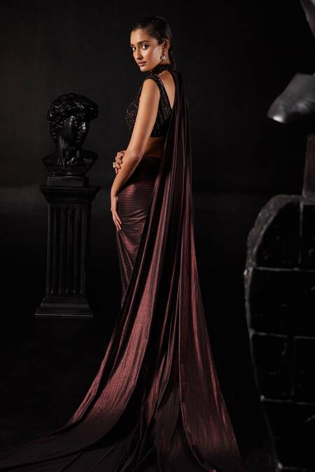 Roqa Brown Lycra Sequins V-neck Hand Embroidered Blouse Draped Skirt Set Online at Aza Fashions Roqa_Brown Lycra Sequins V-neck Hand Embroidered Blouse Draped Skirt Set_Online_at_Aza_Fashions