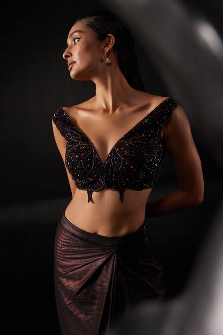 Buy Roqa Brown Lycra Sequins V-neck Hand Embroidered Blouse Draped Skirt Set Online at Aza Fashions Buy_Roqa_Brown Lycra Sequins V-neck Hand Embroidered Blouse Draped Skirt Set_Online_at_Aza_Fashions