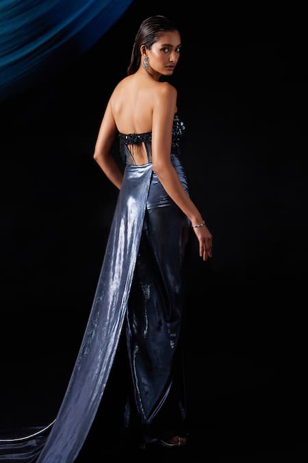 Shop_Roqa_Blue Lycra Sequins Sweetheart Neck Gown With Embroidered Cape_Online_at_Aza_Fashions