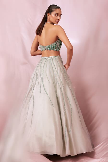 Shop_Roqa_Green Organza Sequins Sweetheart Neck Embroidered Cape Lehenga Set _at_Aza_Fashions