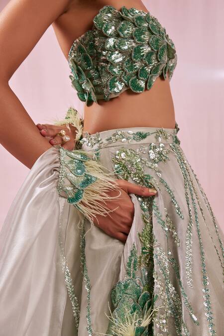 Shop_Roqa_Green Organza Sequins Sweetheart Neck Embroidered Cape Lehenga Set _Online_at_Aza_Fashions
