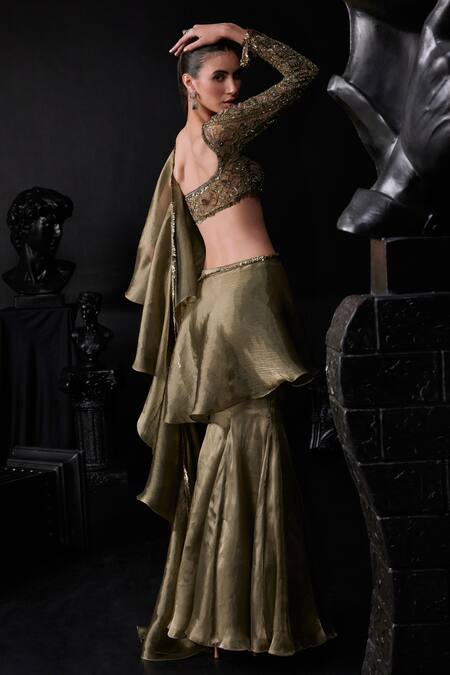 Shop Roqa Gold Organza Tassels, Sequins One Shoulder Ruffle Saree With Embroidered Blouse at Aza Fashions Shop_Roqa_Gold Organza Tassels, Sequins One Shoulder Ruffle Saree With Embroidered Blouse_at_Aza_Fashions